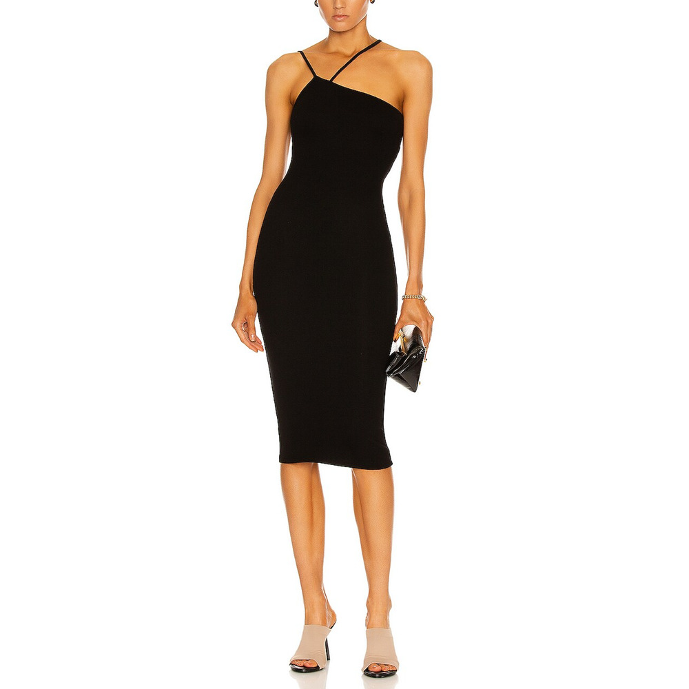 Enza Costa 'Silk' Black Rib Strappy Asymmetric Midi Dress Size S